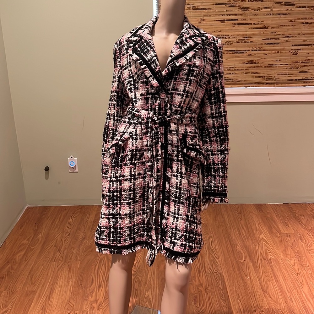 Bebe Belted Tweed Coat In Black Pink And White Wool Blend Size L
